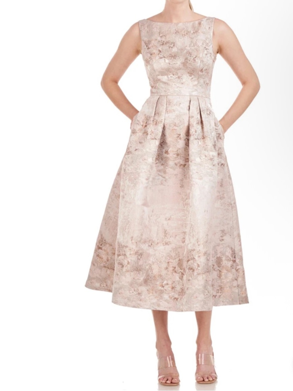Kay Unger Metallic Gold-Patterned Sleeveless Fit & Flare Dress 4